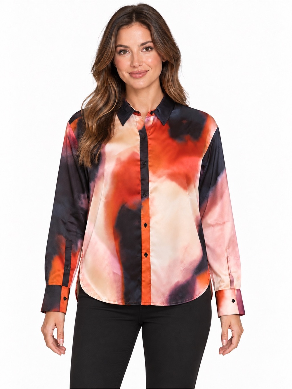 Lysse Satin Tie-Dye Button-Down Shirt in Red, Black & Pink